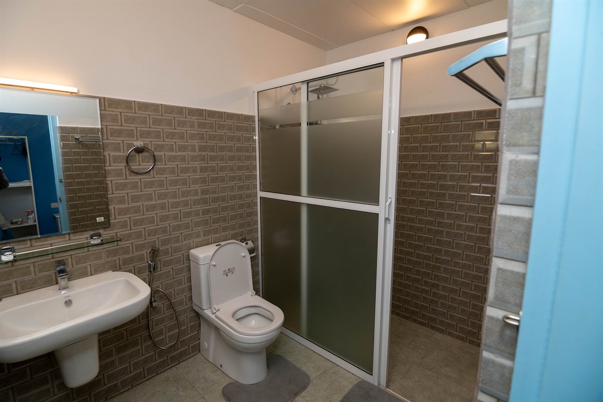 Tropical Palm View Retreat bathroom with basin, toilet and glass shower enclosure